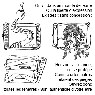 Dessin encre noire 3 fenetres et un extrait de poeme serpent fille volet clos barricade